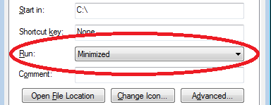 окно свойств ярлыка с Run = Minimized обведено