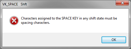 Символы, назначенные на клавишу ПРОБЕЛ в любом состоянии, должны быть пробелами