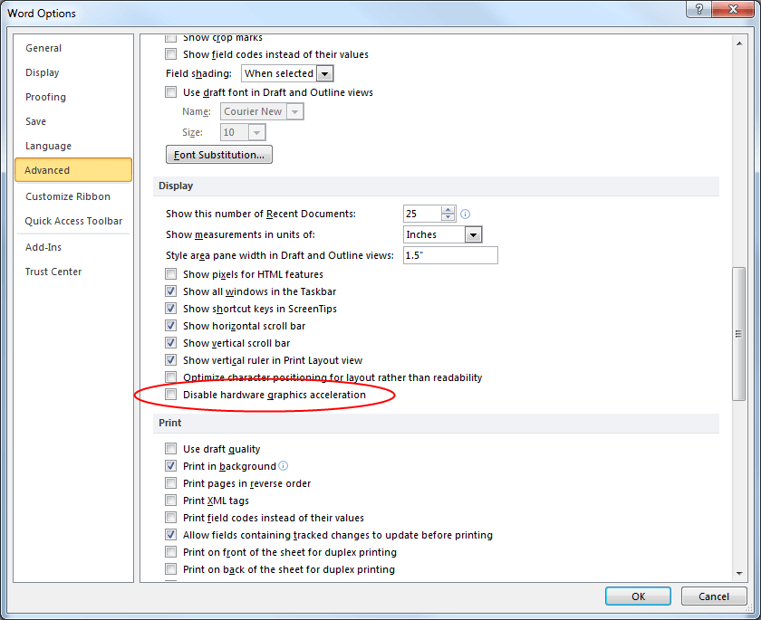 Отключить аппаратное ускорение графики в опциях Word Advanced