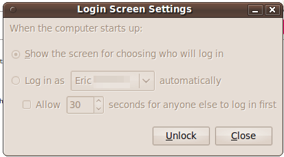 Диалоговое окно настроек экрана входа в систему, Ubuntu 9.10