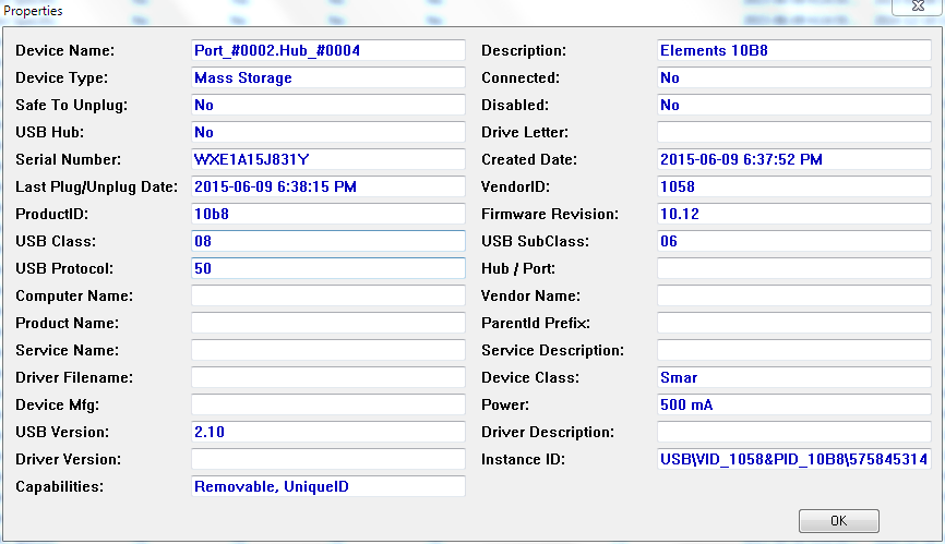 Снимок экрана: окно свойств в USBDeview