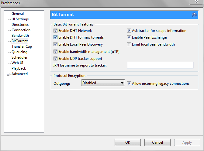 Настройки BitTorrent в uTorrent