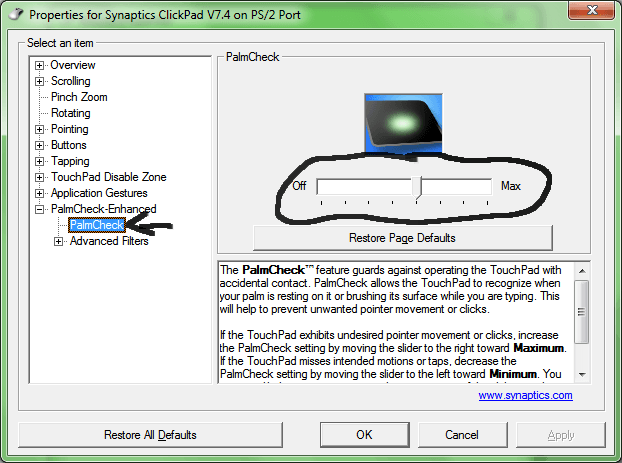 Меню PalmCheck в диалоге настроек Synaptics