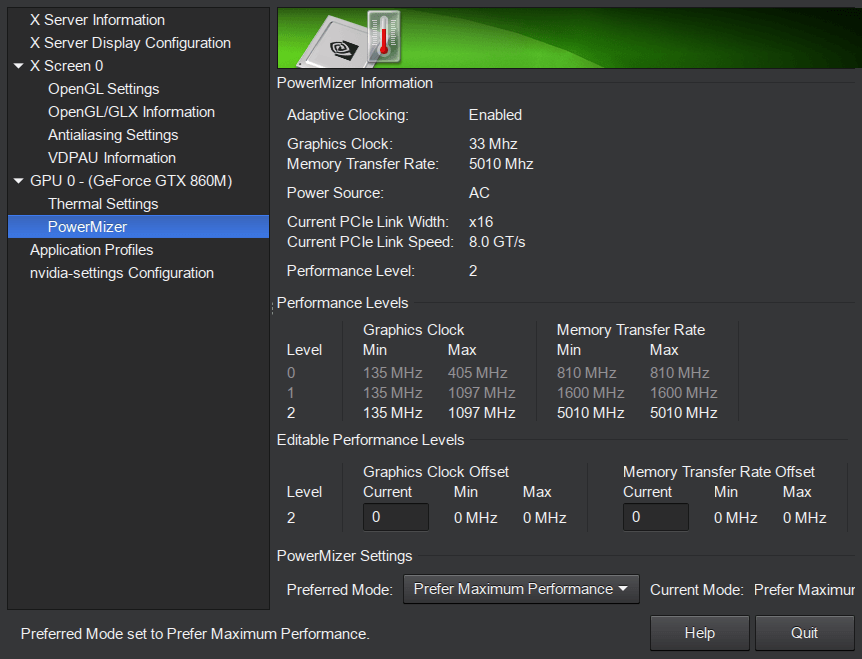 скриншот nvidia-settings / PowerMizer