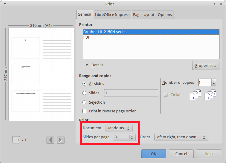 Диалог печати LibreOffice Impress