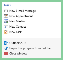 Меню панели задач для Outlook 2013