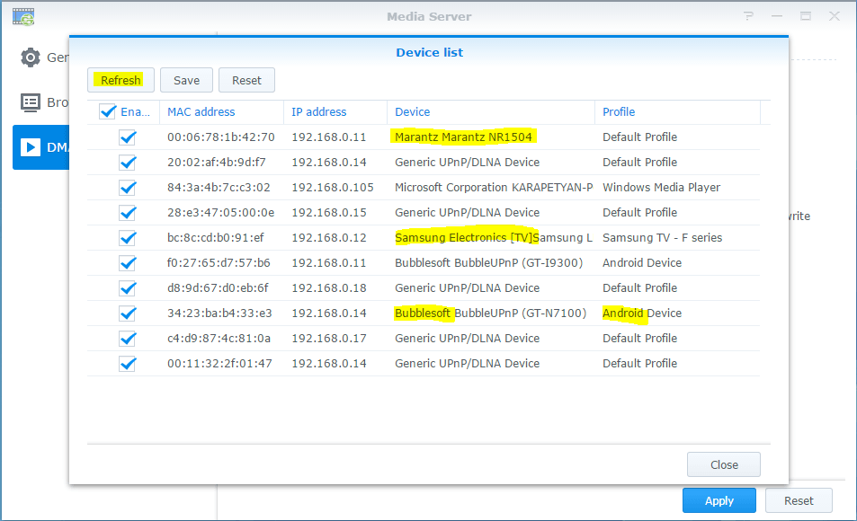 Список устройств DLNA, видимых для Synology DiskStation