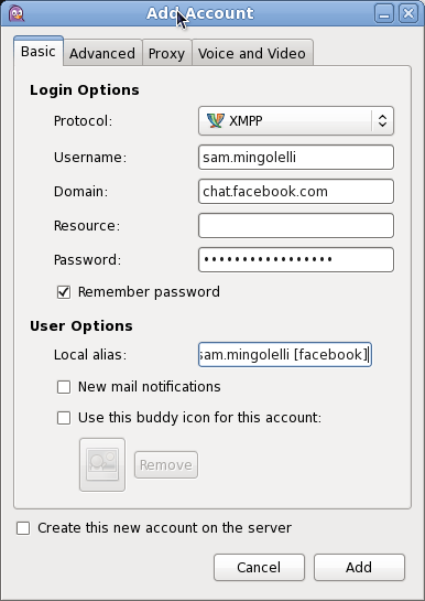 Скриншот Pidgin Добавить аккаунт Диалог # 1