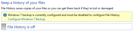 Резервное копирование Windows 7 должно быть отключено для настройки истории файлов