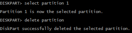 Скриншот удаления раздела Diskpart