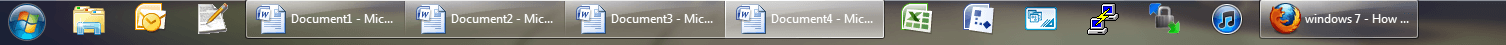 Снимок экрана панели задач Windows 7 с несколькими работающими экземплярами MS Word, отображаемыми в виде отдельных вкладок, когда панель находится в режиме 