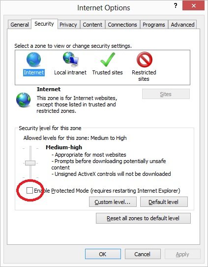 снимок флажка Включить защищенный режим в настройках IE