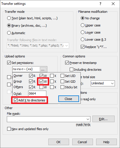 Установка разрешенных для загружаемых файлов в WinSCP