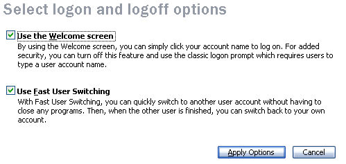 Параметры входа в учетные записи пользователей Windows XP