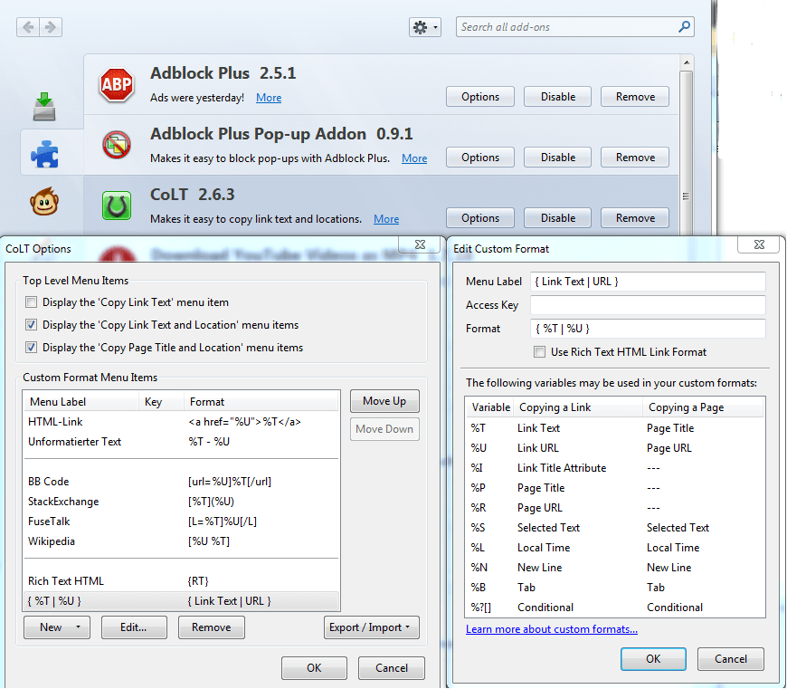 Firefox Addon CoLT с пользовательским форматом