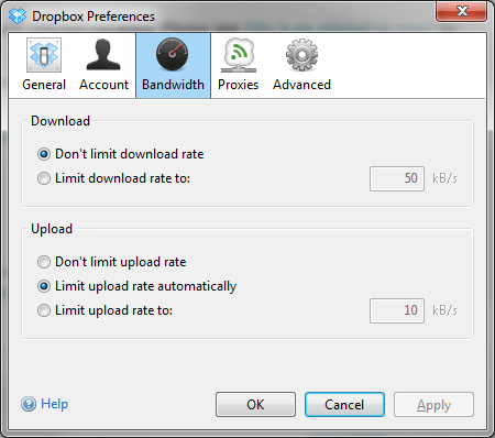 Настройки Dropbox: пропускная способность