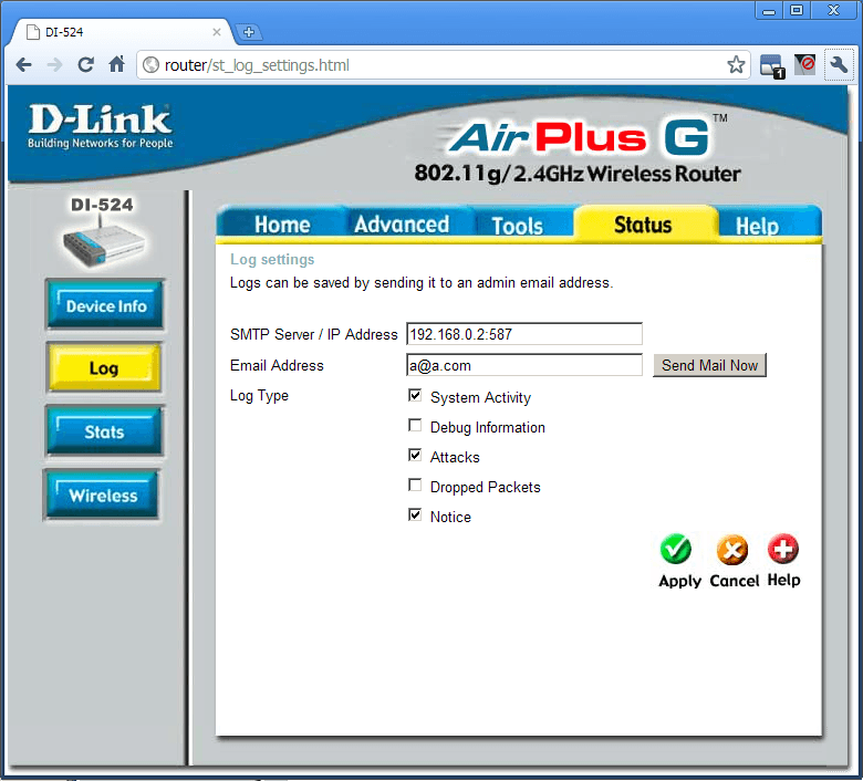 Setup log c. Mail log. Email log.