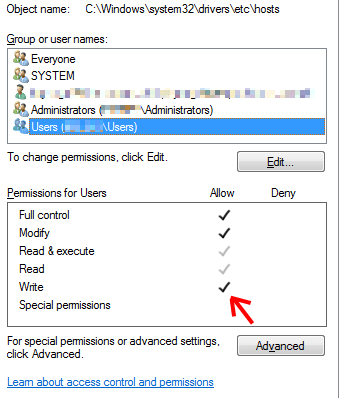 Разрешения на запись для пользователей (имя_компьютера \ пользователи
