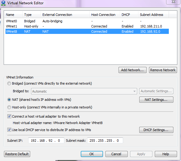 Я использую VMnet8 в режиме NAT.  Моя подсеть 192.168.92.0.  IP моего гостя 192.168.92.128