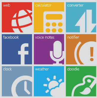 Веб-браузер, Калькулятор, Конвертер величин, Facebook, Голосовые заметки, Уведомитель, Часы, Погода, Каракули