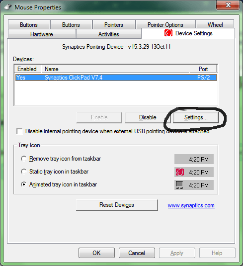 Настройки тачпада Synaptics в свойствах мыши