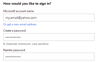 Регистрация учетной записи Microsoft с адресом электронной почты Yahoo
