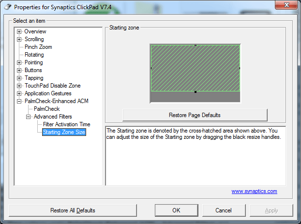 Снимок экрана настройки размера начальной зоны Synaptics