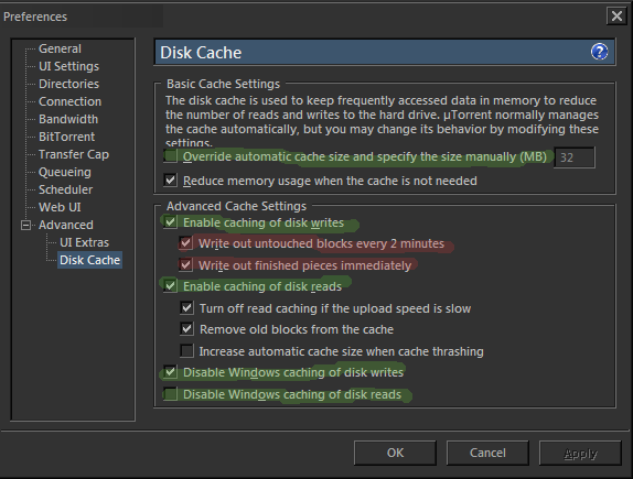 настройки кеша utorrent