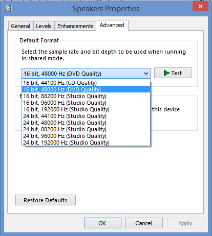 Свойства динамиков Windows Стандартные аудиоформаты