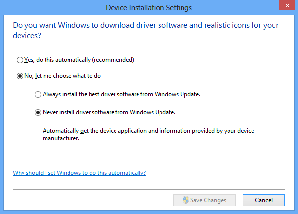 Автоматическая установка драйвера отключена