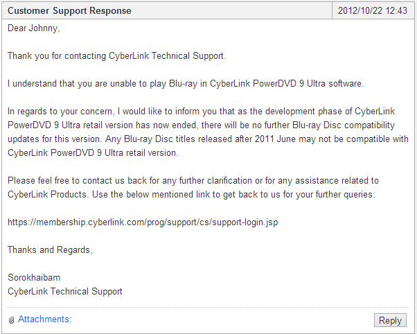 CyberLink ответ службы поддержки клиентов